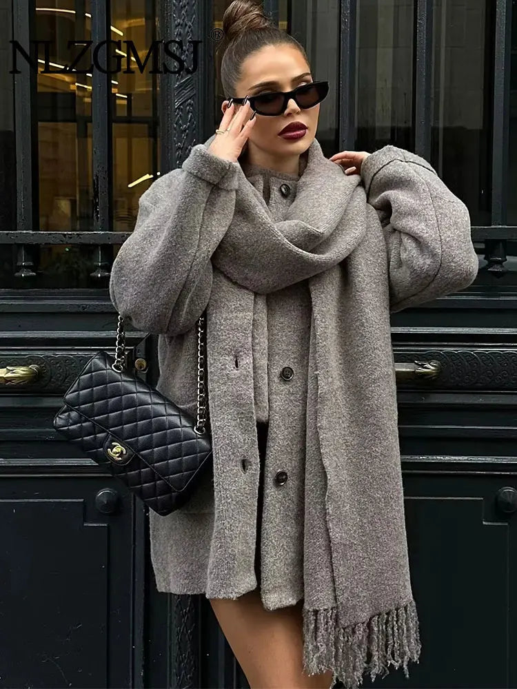 Oversized Knit Jacket With Scarf