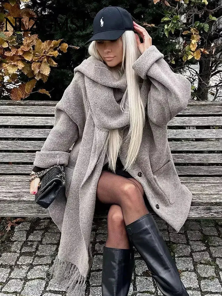 Oversized Knit Jacket With Scarf